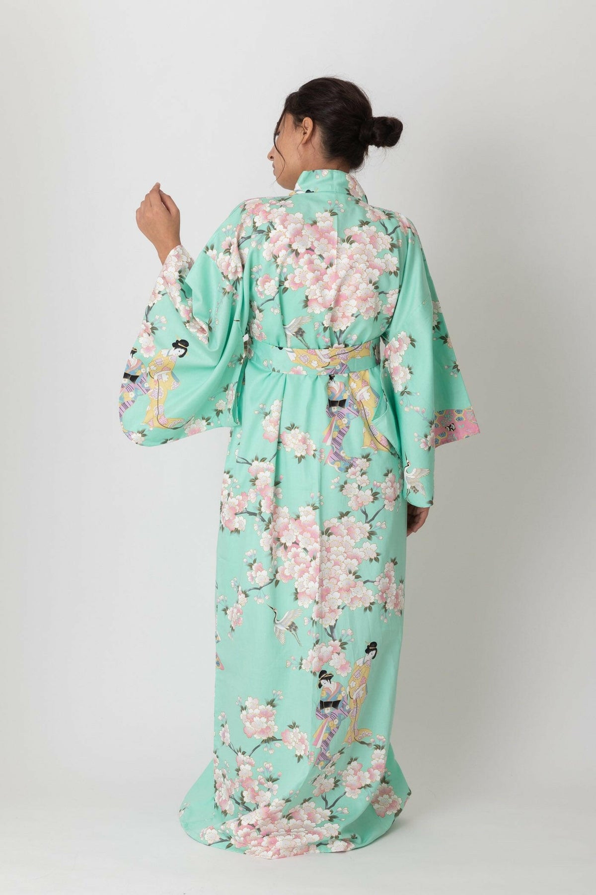 Women Cherry Blossom & Beauty Cotton Sateen Kimono Color Turquoise Model Rear View