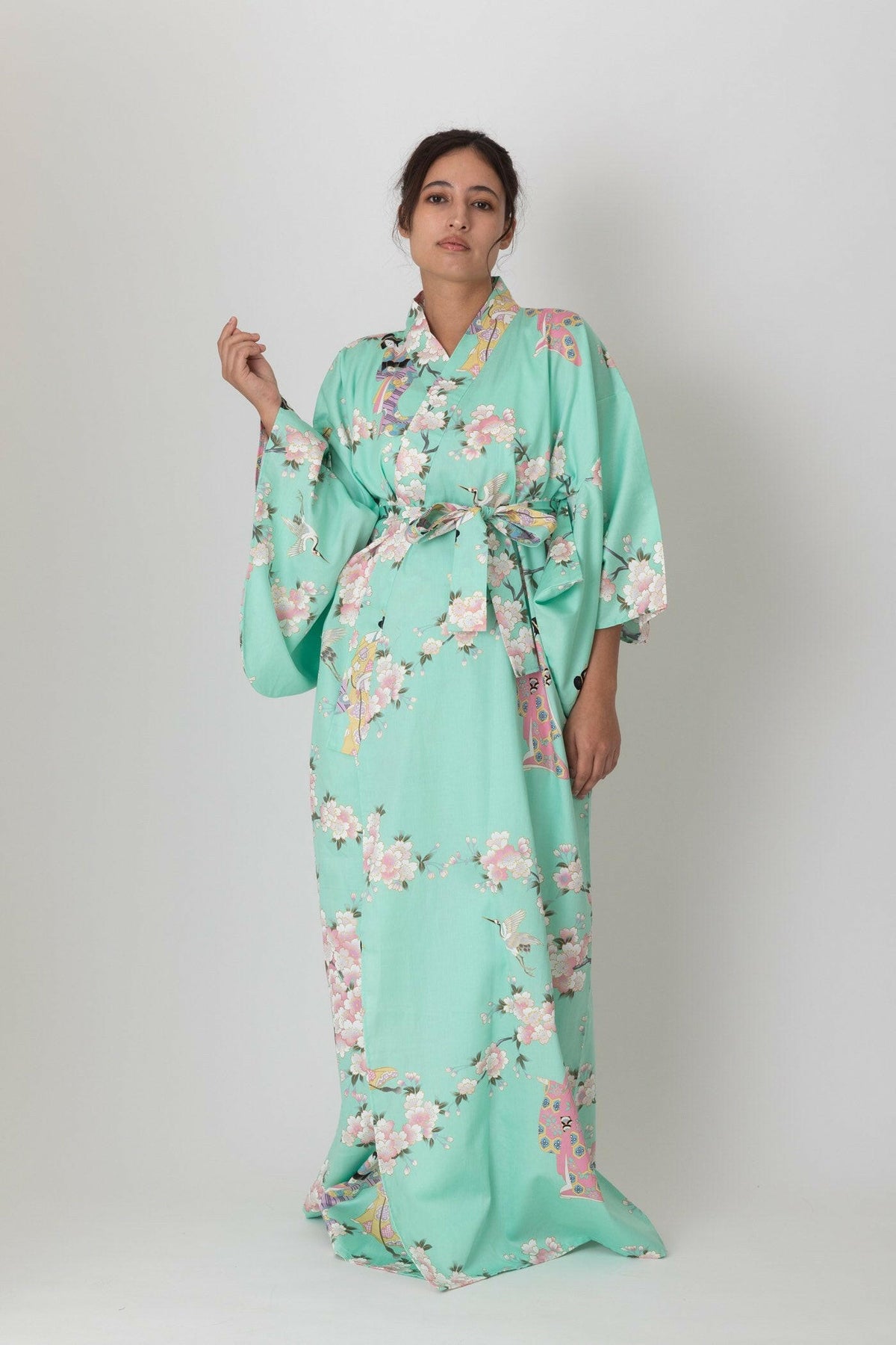Women Cherry Blossom & Beauty Cotton Sateen Kimono Color Turquoise Model Front View