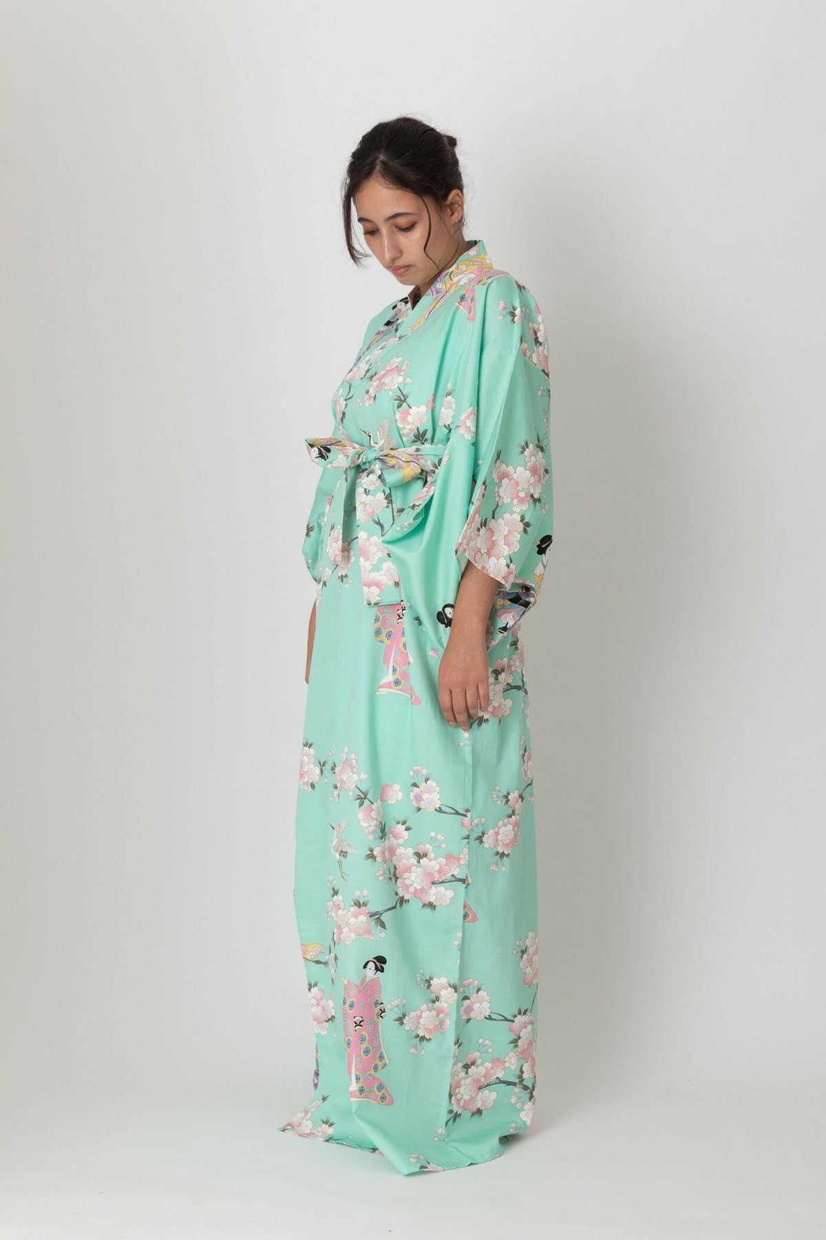 Women Cherry Blossom & Beauty Cotton Sateen Kimono Color Turquoise Model Side View