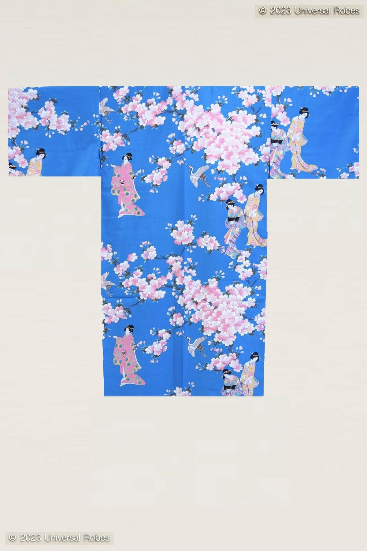 Women Cherry Blossom & Beauty Cotton Sateen Short Kimono Color Blue Product Whole View
