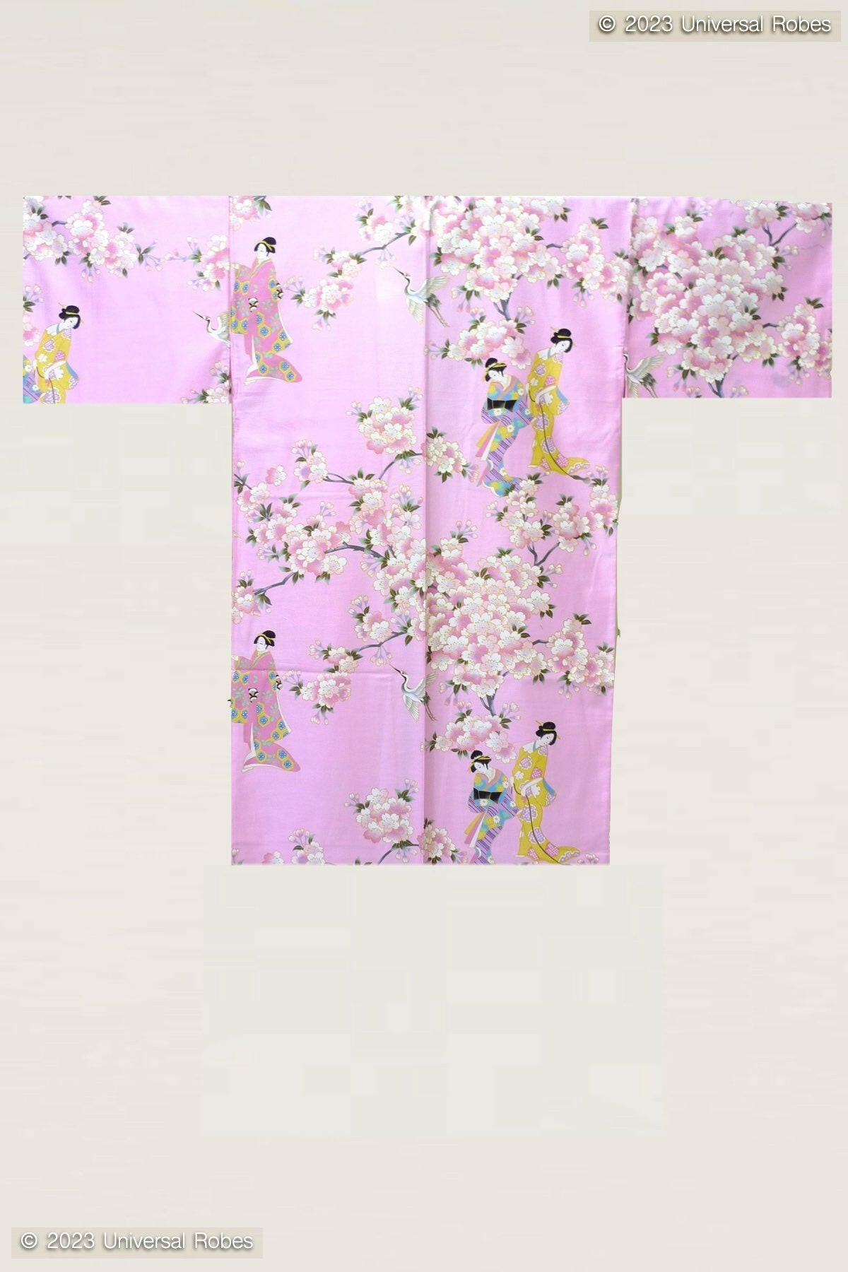 Women Cherry Blossom & Beauty Cotton Sateen Short Kimono Color Pink Product Whole View