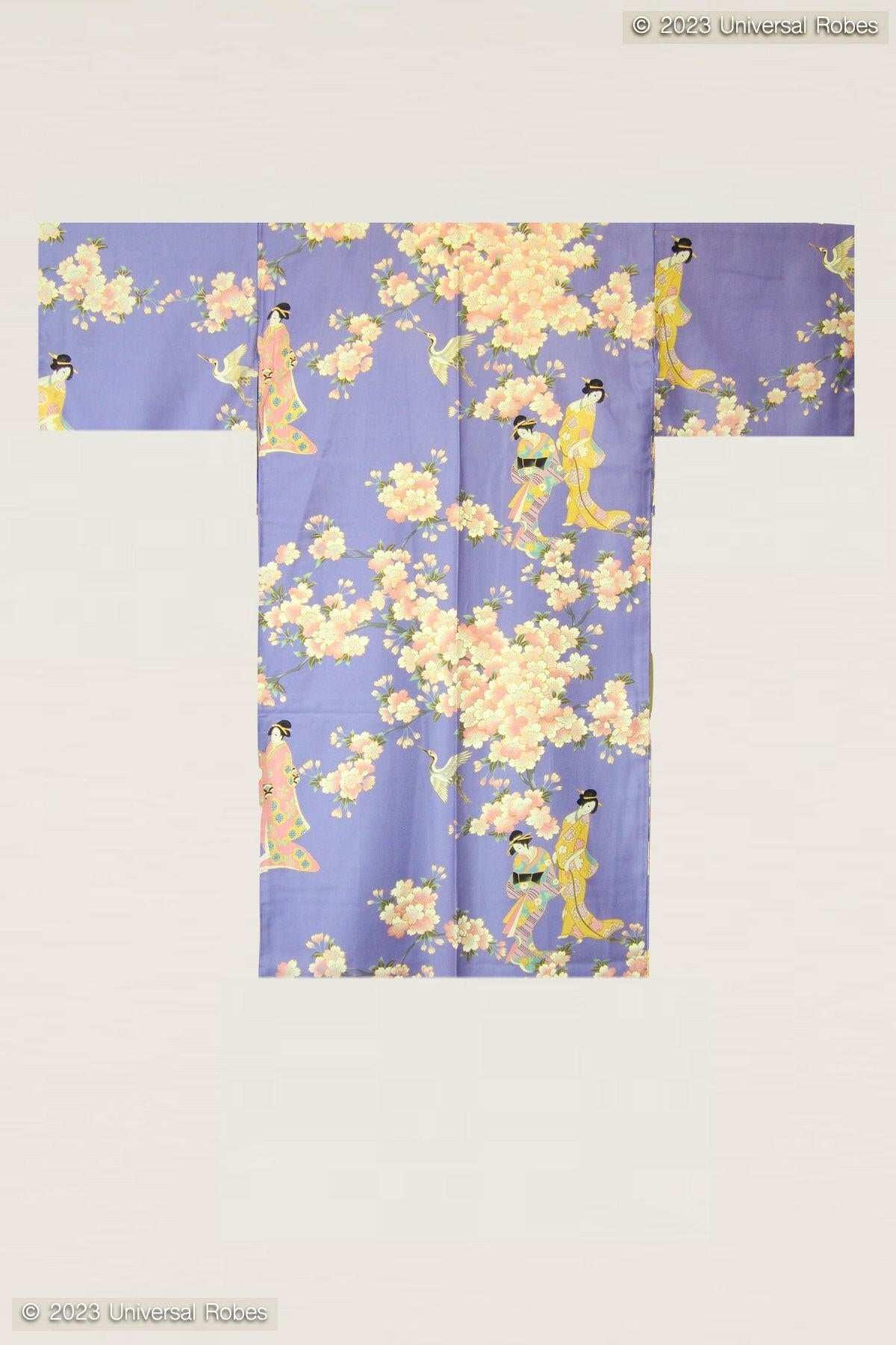 Women Cherry Blossom & Beauty Cotton Sateen Short Kimono Color Purple Product Whole View