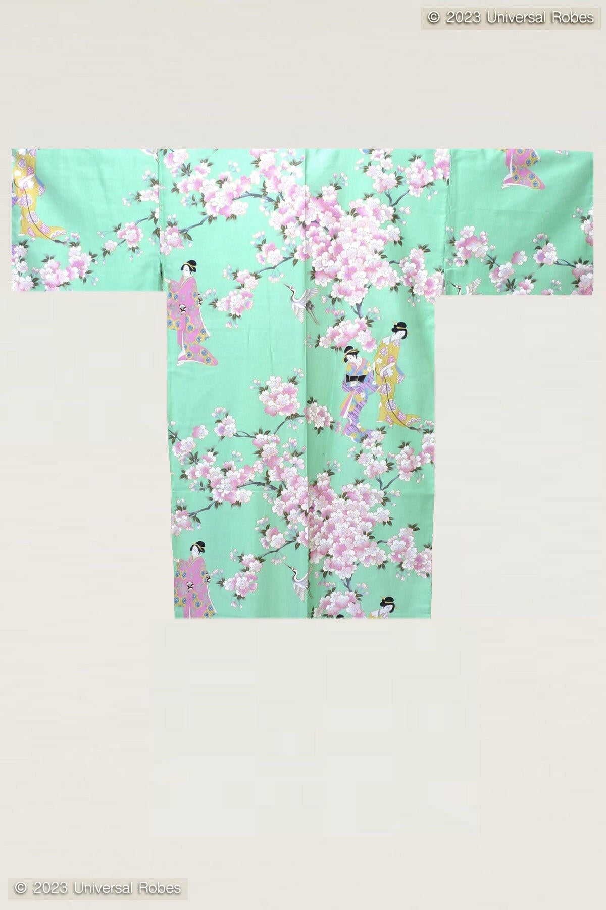 Women Cherry Blossom & Beauty Cotton Sateen Short Kimono Color Turquoise Product Whole View