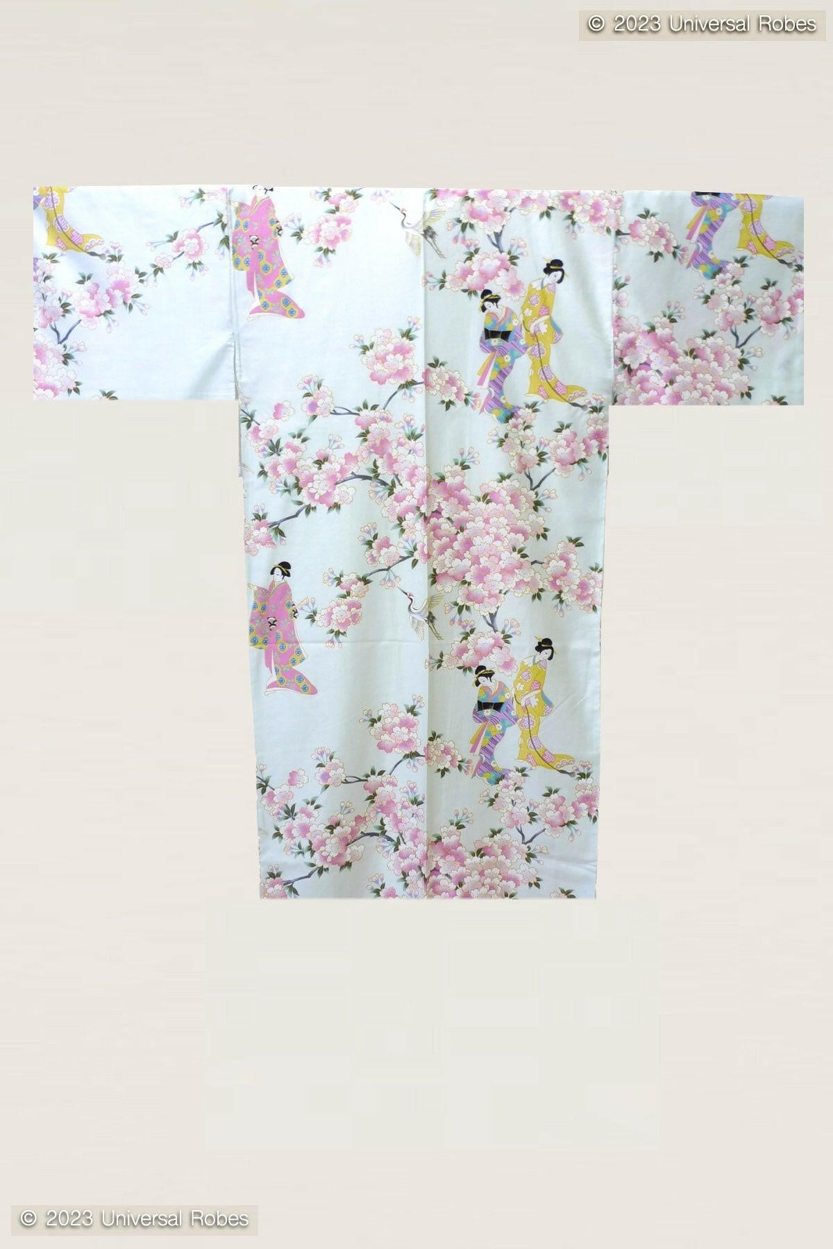 Women Cherry Blossom & Beauty Cotton Sateen Short Kimono Color White Product Whole View