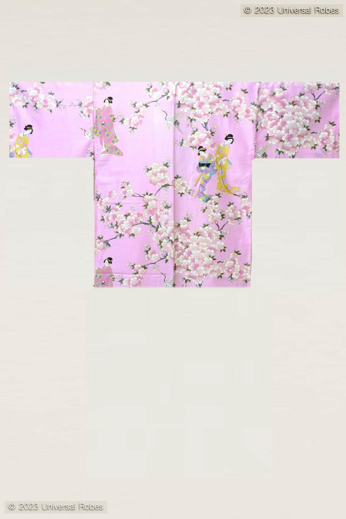 Women Cherry Blossom & Beauty Cotton Sateen Very Short Kimono Color Pink Product Whole View