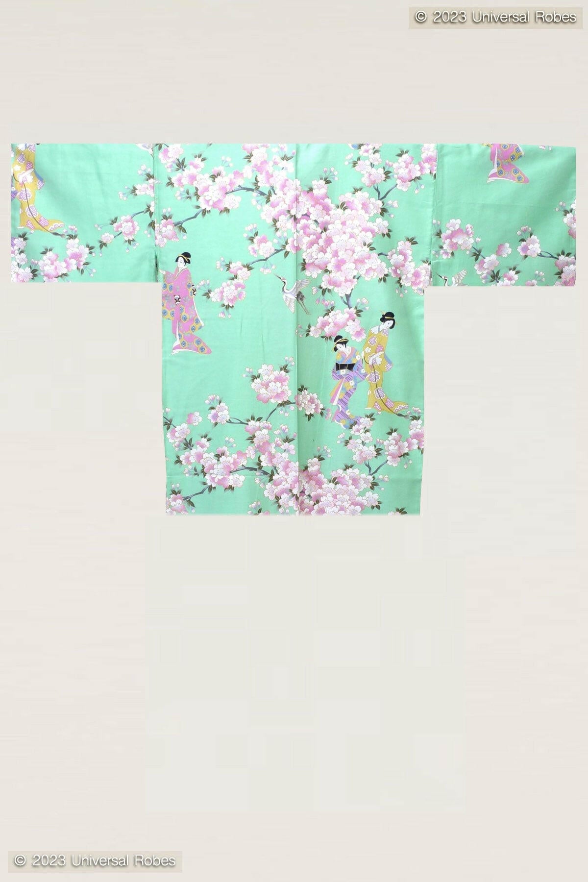 Women Cherry Blossom & Beauty Cotton Sateen Very Short Kimono Color Turquoise Product Whole View