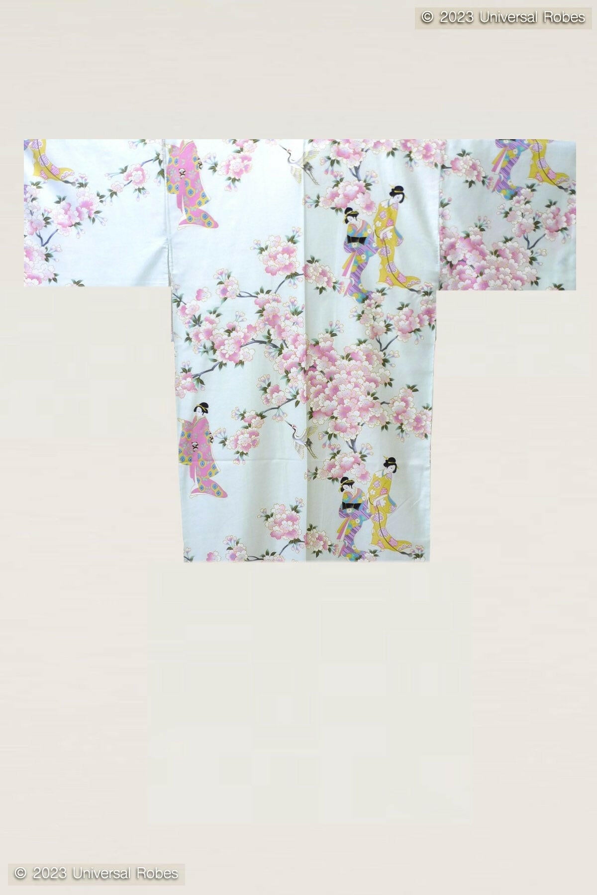 Women Cherry Blossom & Beauty Cotton Sateen Very Short Kimono Color White Product Whole View