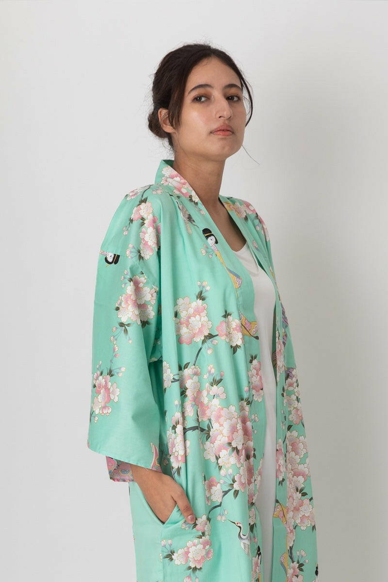 Women Cherry Blossom & Beauty Cotton Sateen Very Short Kimono Color Turquoise Model Side No Belt View