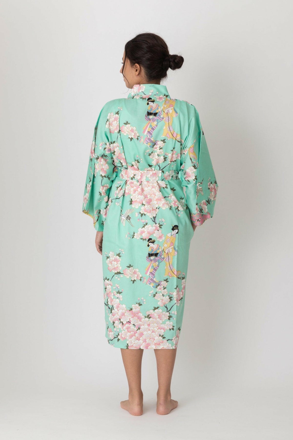 Women Cherry Blossom & Beauty Cotton Sateen Short Kimono Color Turquoise Model Rear View