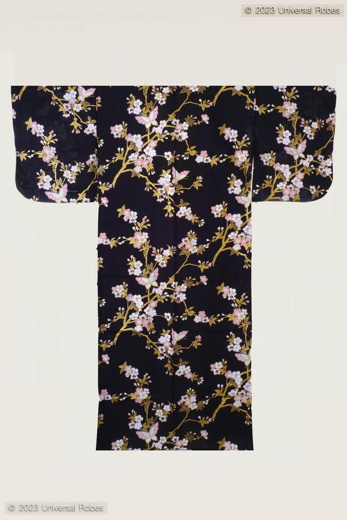 Women Cherry Blossoms & Butterfly Cotton Yukata Kimono Color Black Product Whole View