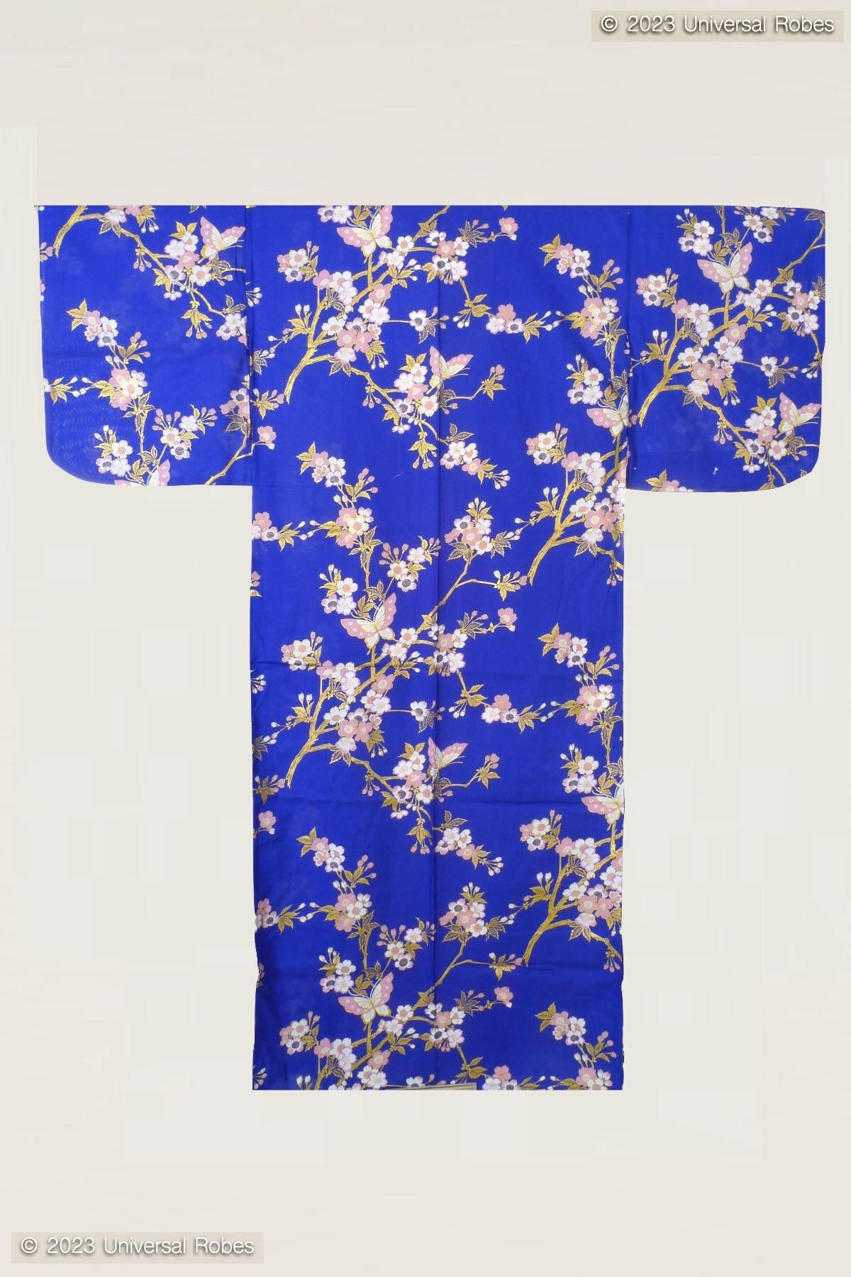 Women Cherry Blossoms & Butterfly Cotton Yukata Kimono Color Blue Product Whole View