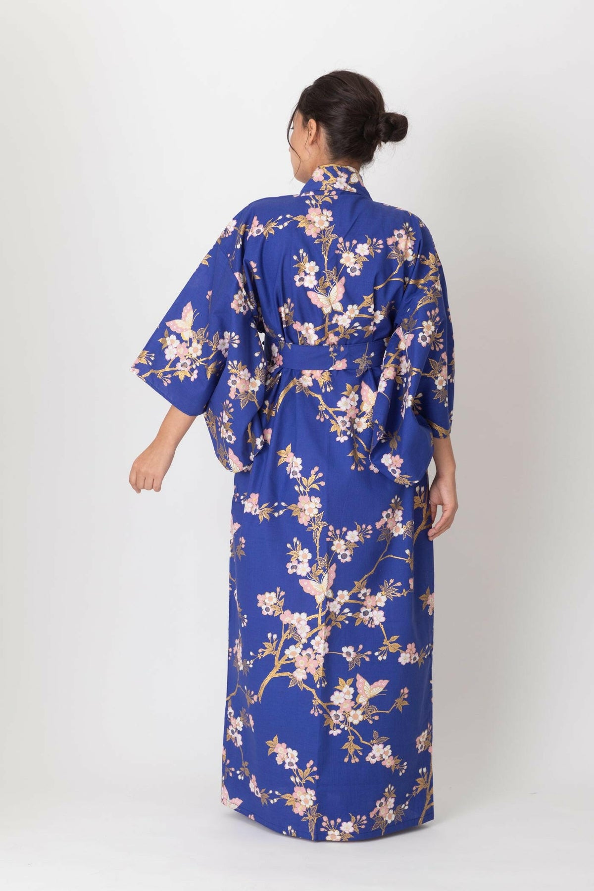 Women Cherry Blossoms & Butterfly Cotton Yukata Kimono Color Blue Model Rear View