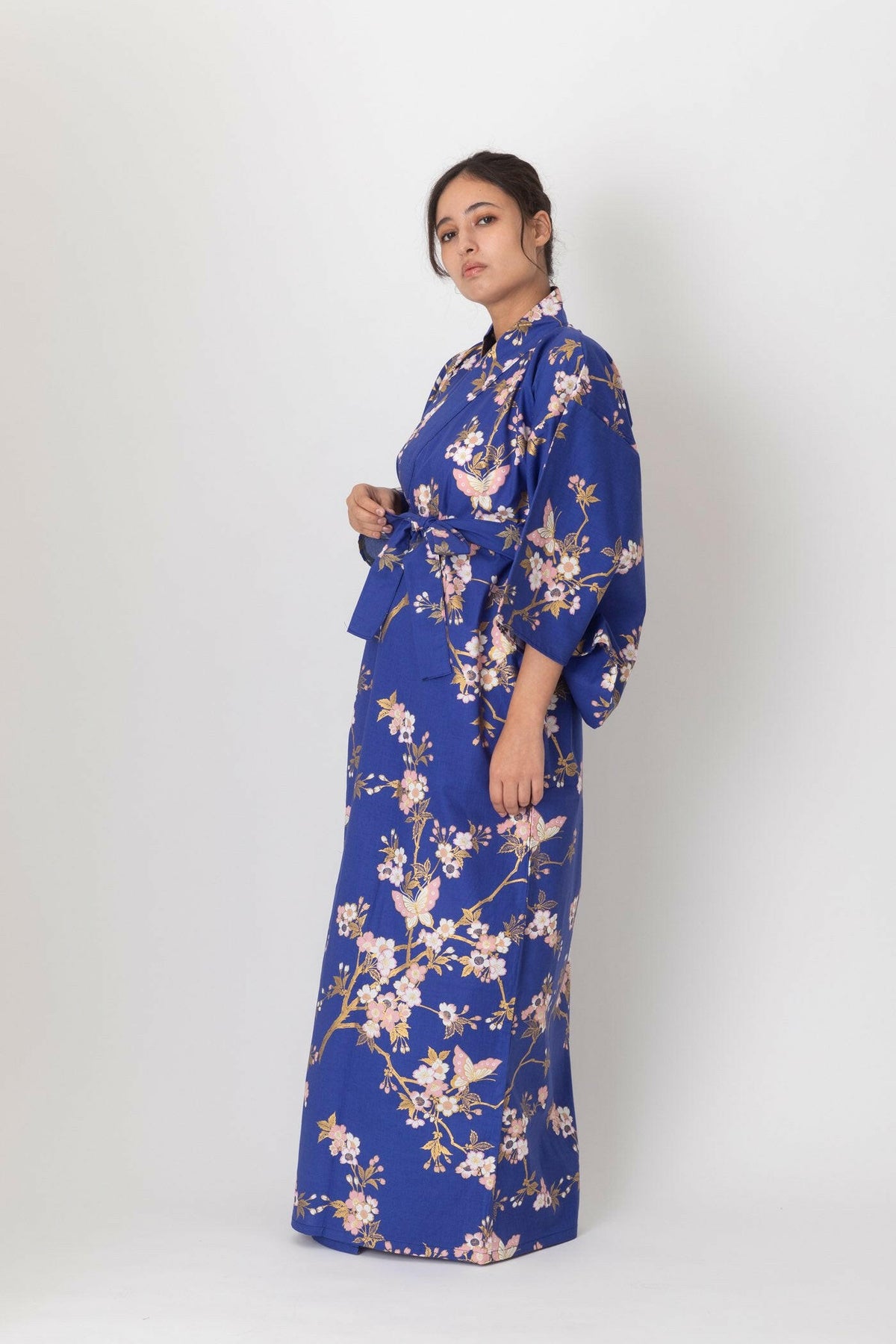 Women Cherry Blossoms & Butterfly Cotton Yukata Kimono Color Blue Model Side View