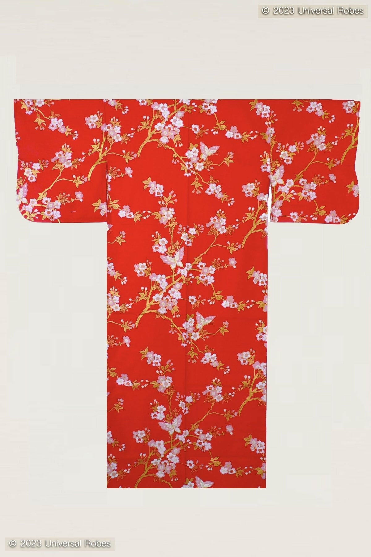 Women Cherry Blossoms & Butterfly Cotton Yukata Kimono Color Red Product Whole View