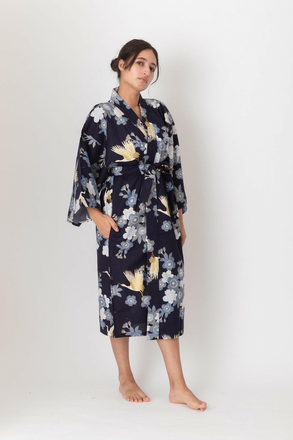 Women Cherry Blossoms & Crane Cotton Short Yukata Kimono Color Navy Model Side View