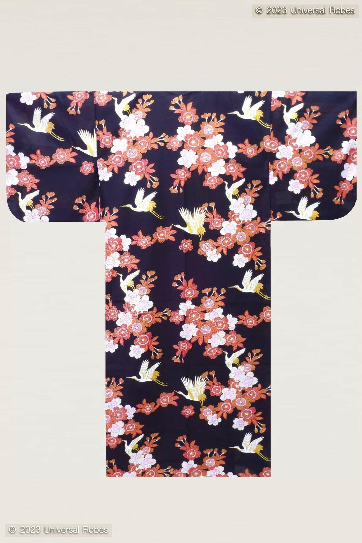 Women Cherry Blossoms & Crane Cotton Yukata Kimono Color Black Product Whole View