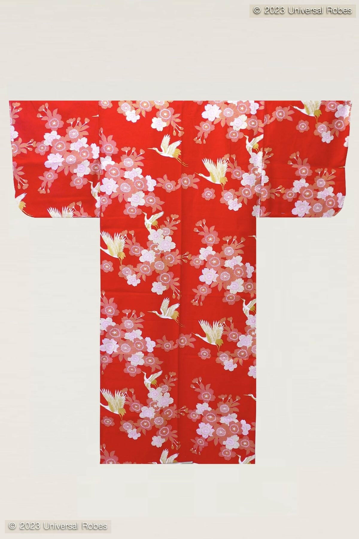 Women Cherry Blossoms & Crane Cotton Yukata Kimono Color Red Product Whole View