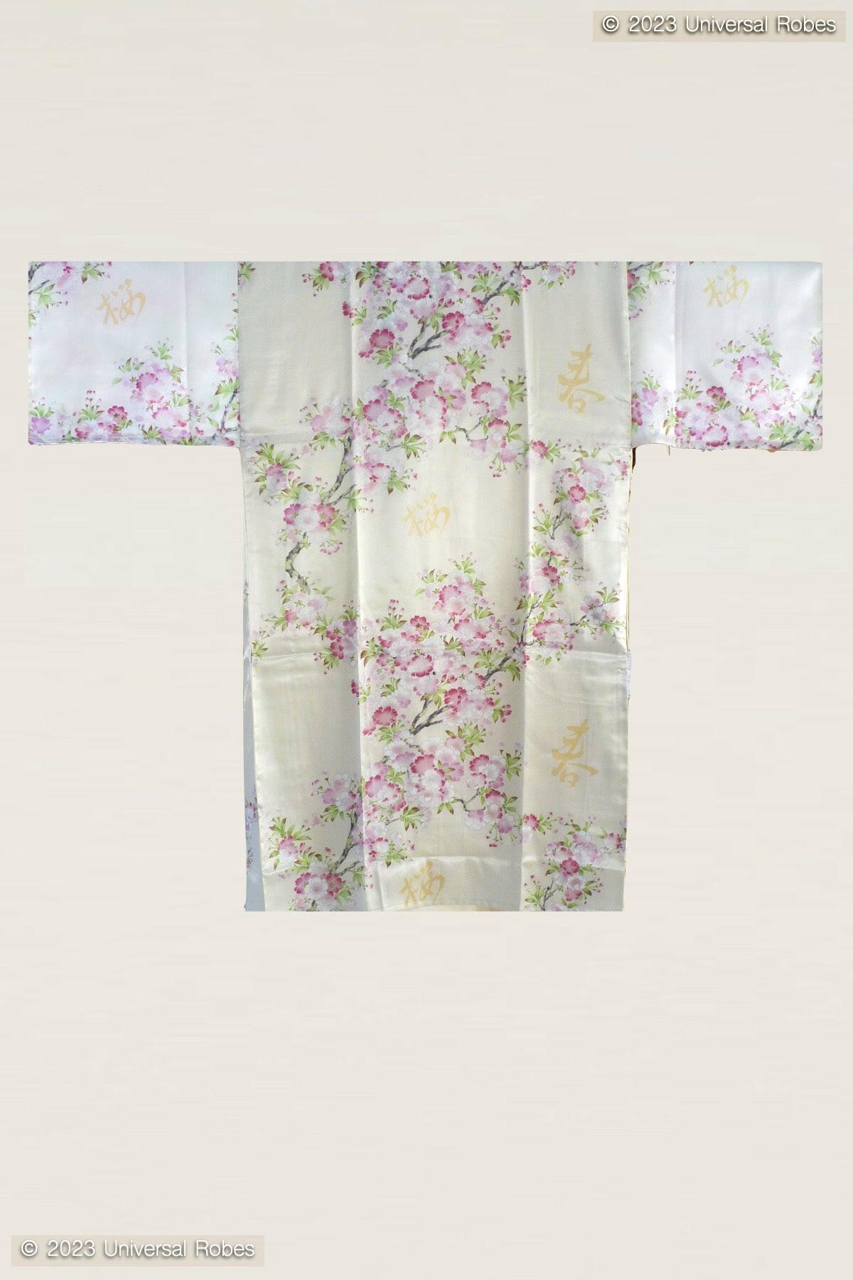 Women Cherry Blossoms in Spring Polyester Short Kimono Color White Product Whole View