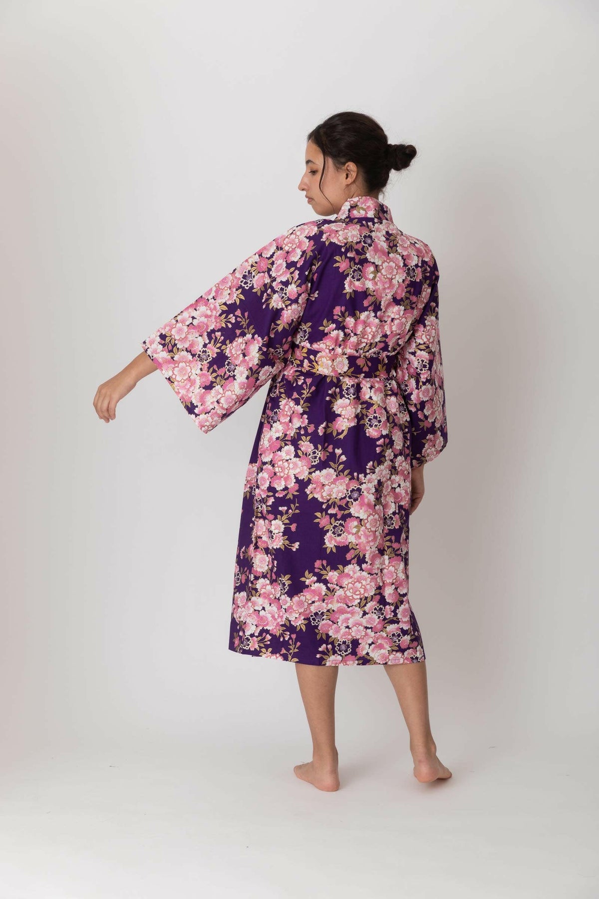 Women Colorful SAKURA Cotton Short Yukata Kimono Color Purple Model Rear View