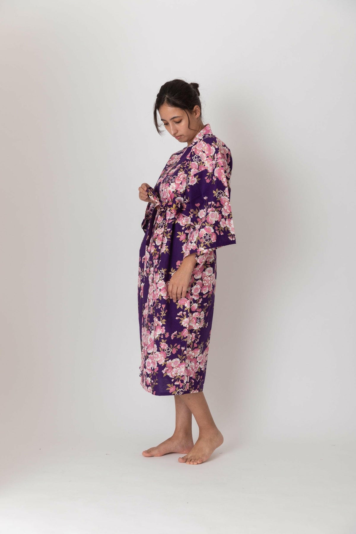 Women Colorful SAKURA Cotton Short Yukata Kimono Color Purple Model Side View 2