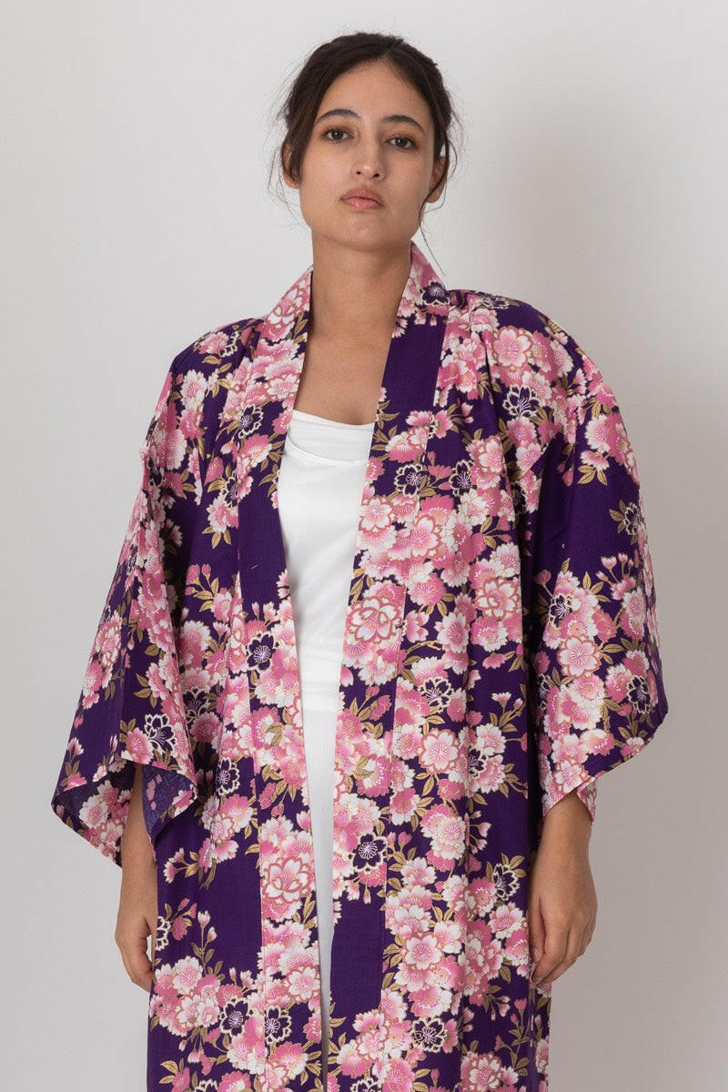 Women Colorful Sakura Cotton Yukata Kimono Color Purple Model Front No Belt View