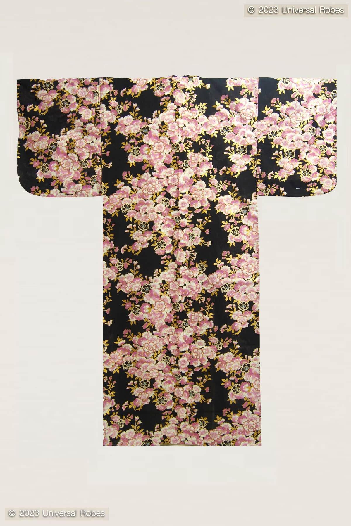 Women Colorful Sakura Cotton Yukata Kimono Color Black Product Whole View