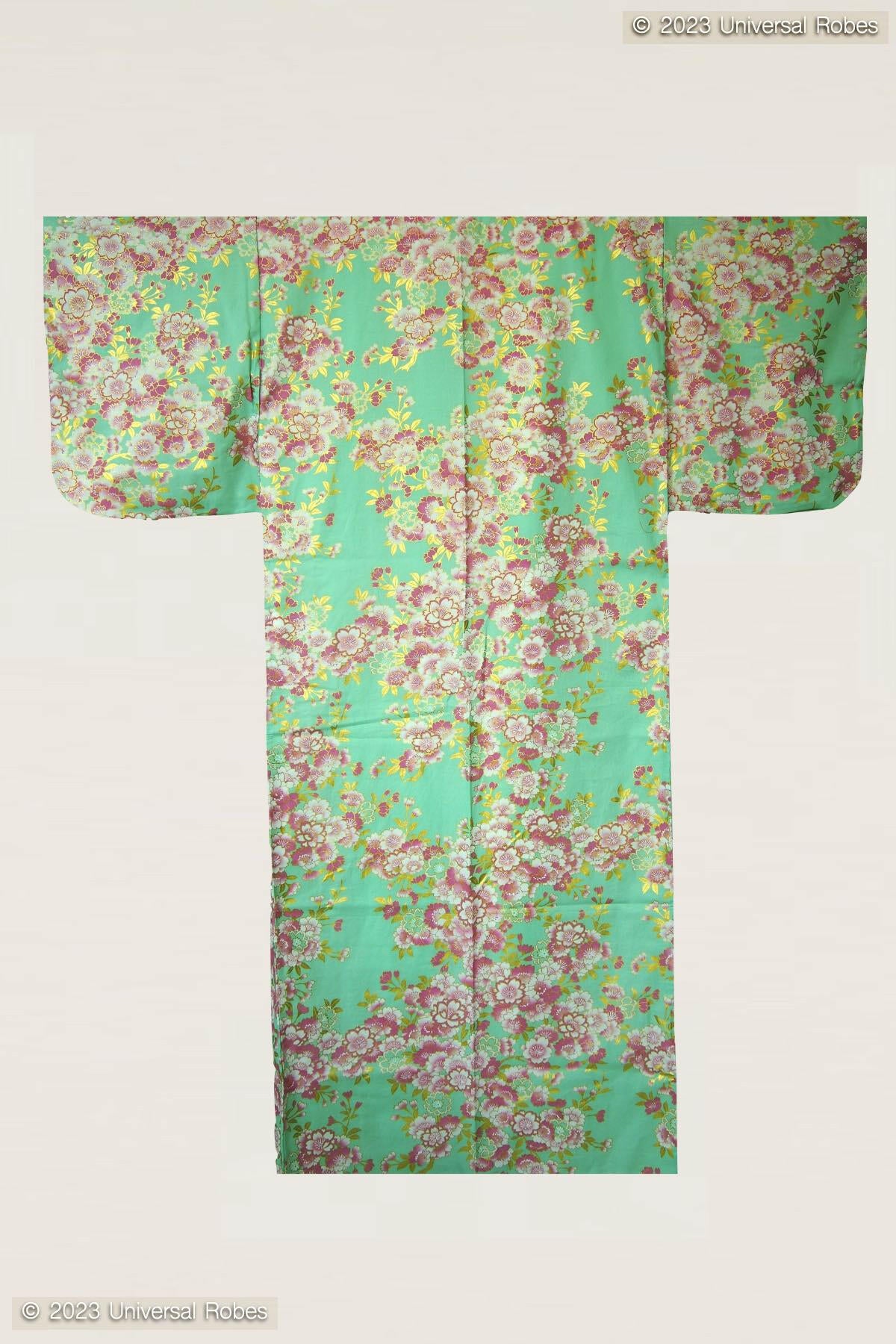Women Colorful Sakura Cotton Yukata Kimono Color Turquoise Product Whole View