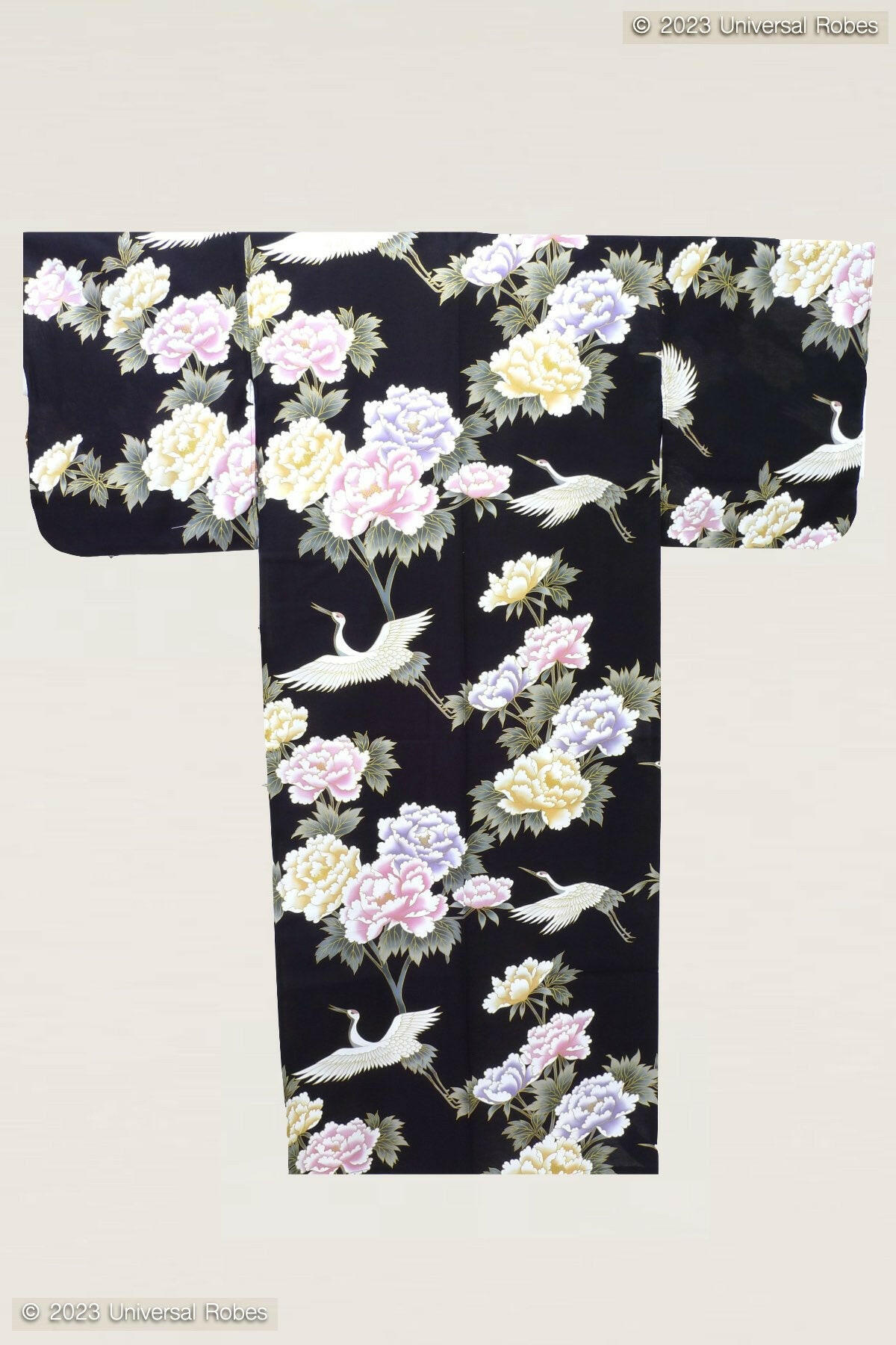 Women Crane & Peony Cotton Yukata Kimono Color Black Product Whole View