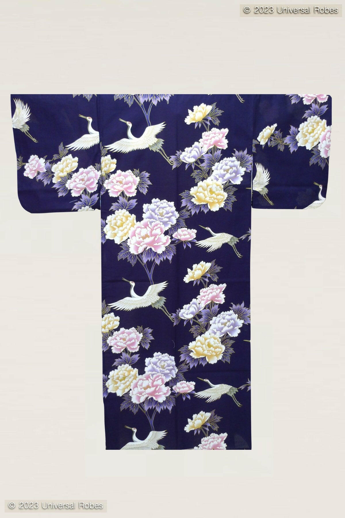 Women Crane & Peony Cotton Yukata Kimono Color Navy Product Whole View