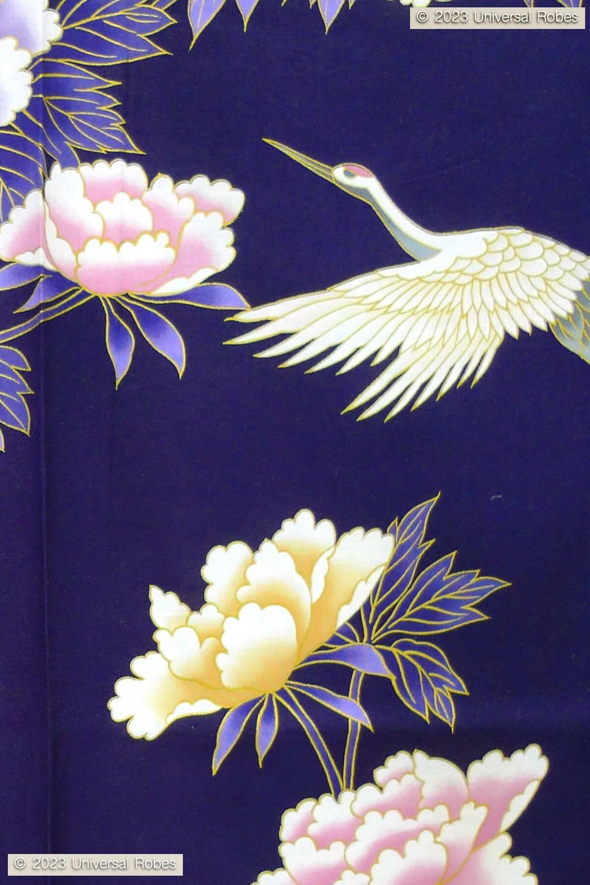 Women Crane & Peony Cotton Yukata Kimono Color Navy Product Zoom View