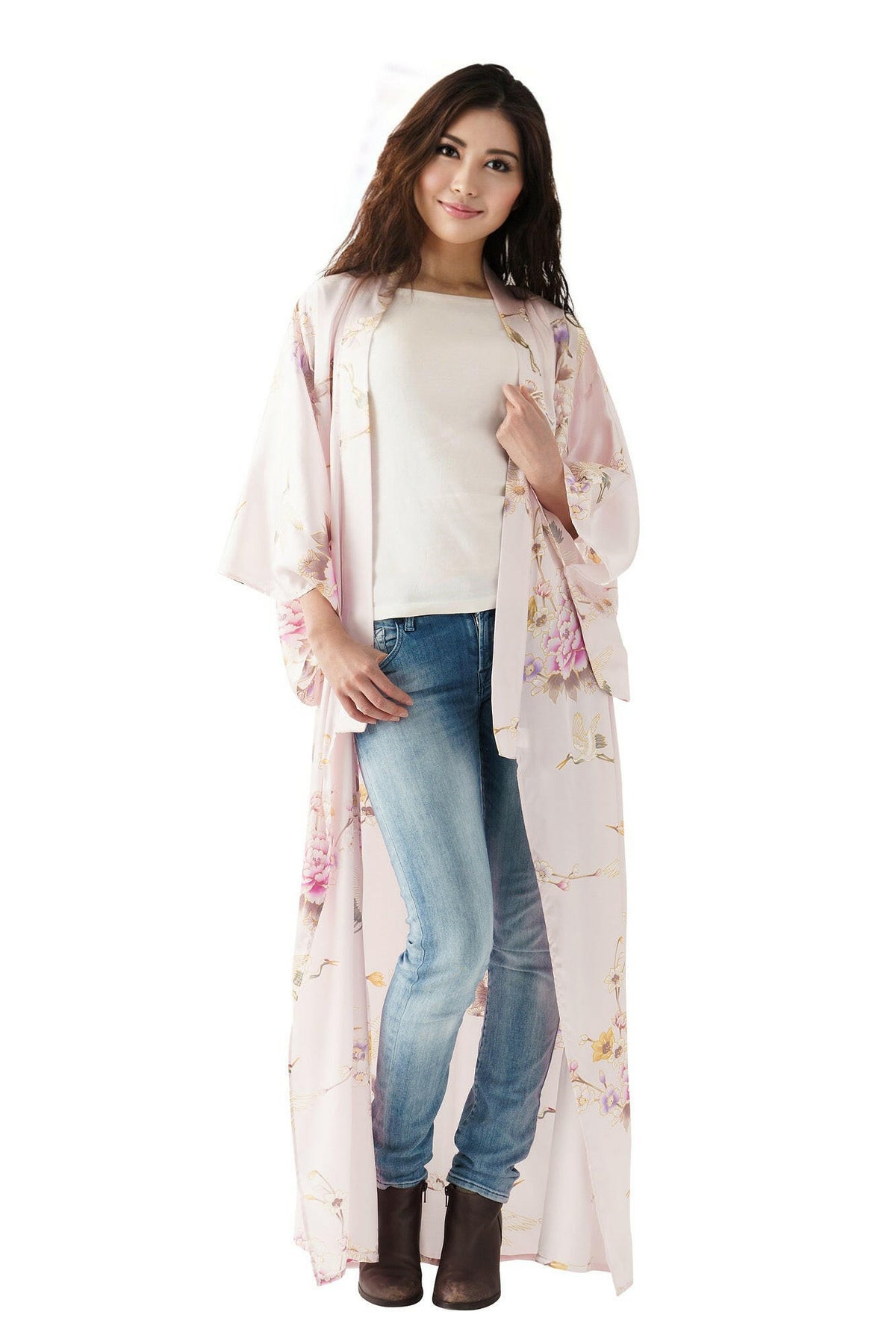 Women Crane & Peony Silk Kimono Color Pink Model Front No Belt View