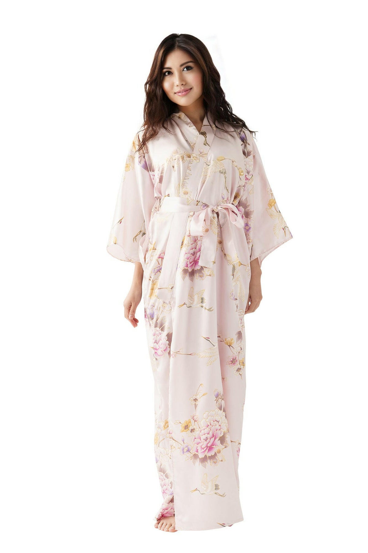 Women Crane & Peony Silk Kimono Color Pink Model Front View