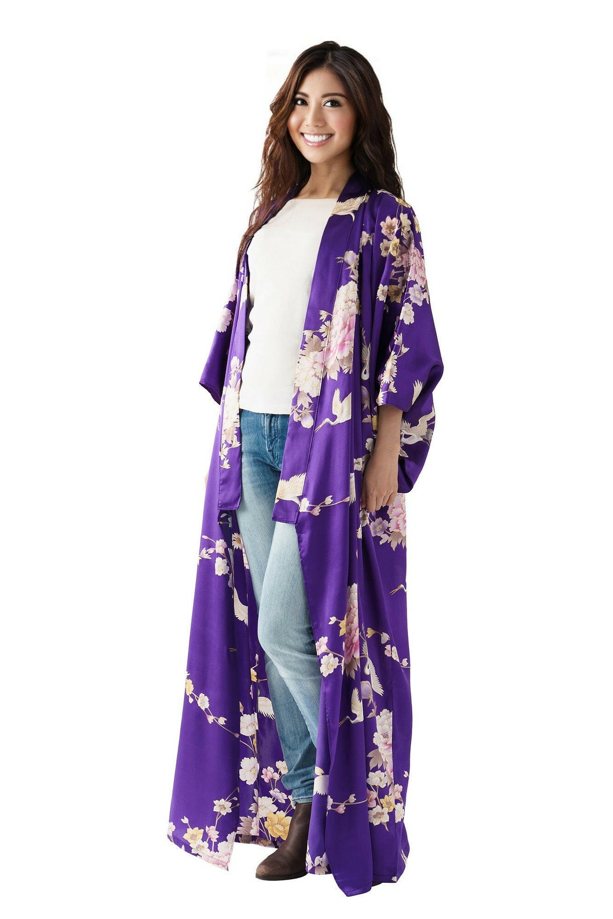 Women Crane & Peony Silk Kimono Color Purple Model Front No Belt View