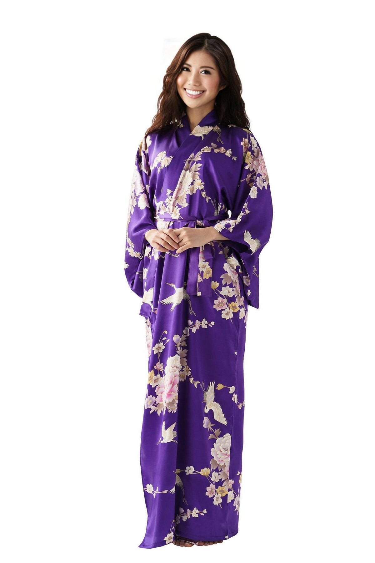 Women Crane & Peony Silk Kimono Color Purple Model Front View