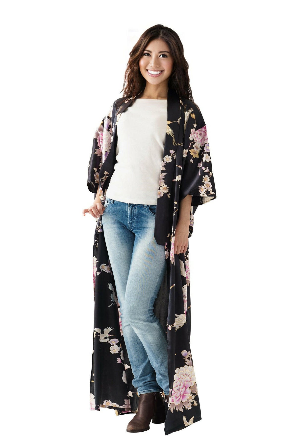 Women Crane & Peony Silk Kimono Color Black Model Front No Belt View