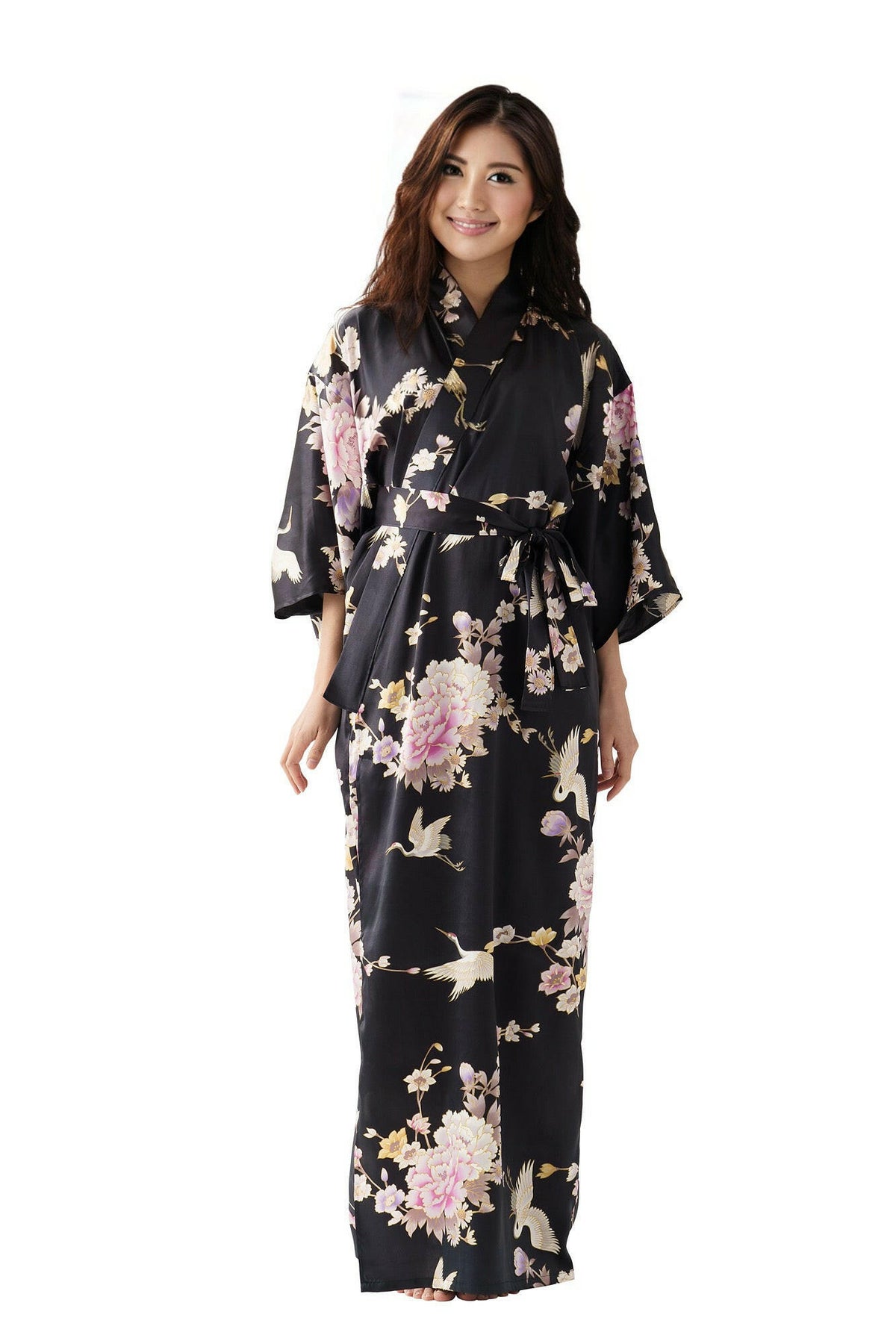 Women Crane & Peony Silk Kimono Color Black Model Front View