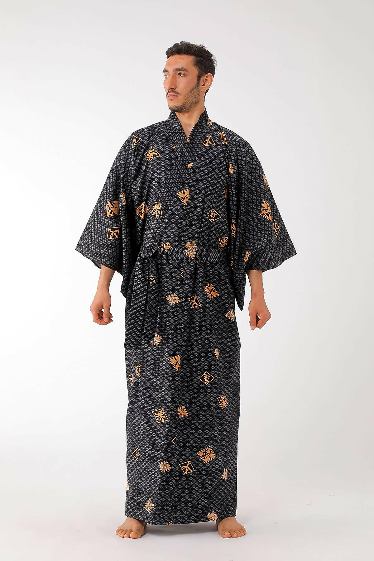 Men Diamond Pattern Cotton Yukata Kimono Black/Navy Black / XL Men Diamond Pattern Cotton Yukata Kimono Black/Navy Black / XL