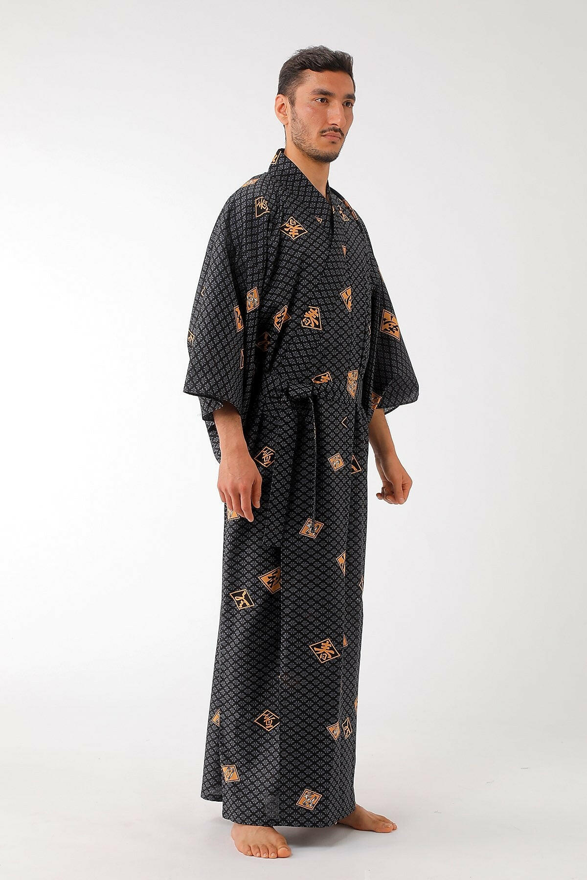 Men Diamond Pattern Cotton Yukata Kimono Color Black Model Side View