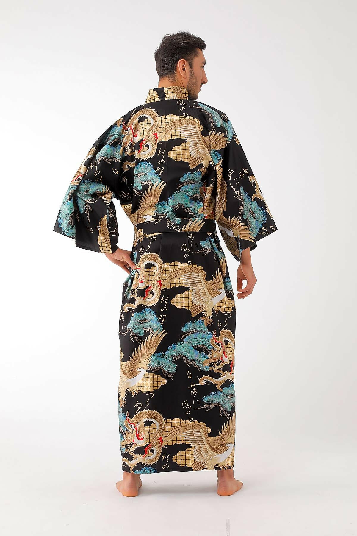 Men Dragon & Eagle Cotton Sateen Kimono Color Black Model Rear View