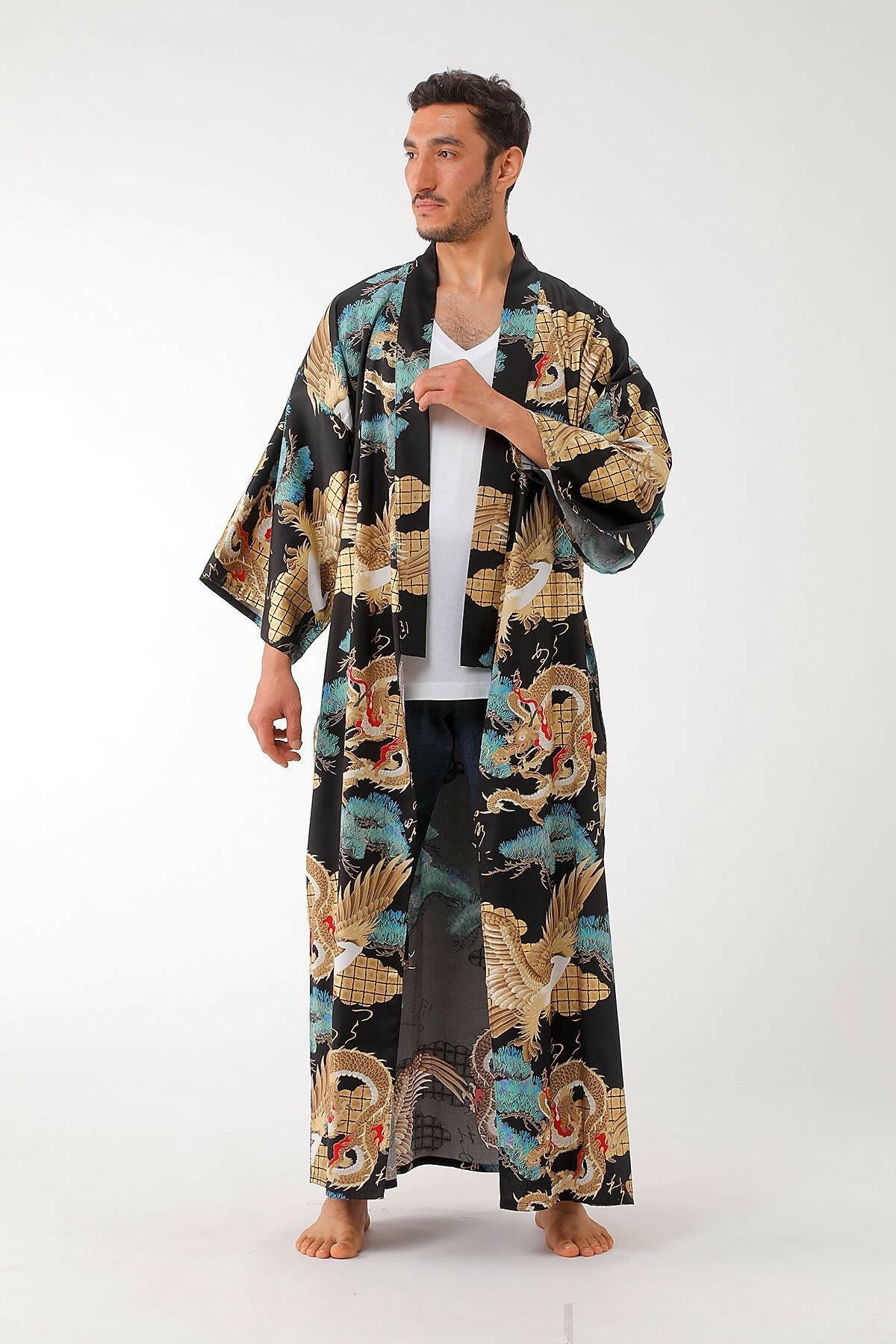 Men Dragon & Eagle Cotton Sateen Kimono Color Black Model Front No Belt View