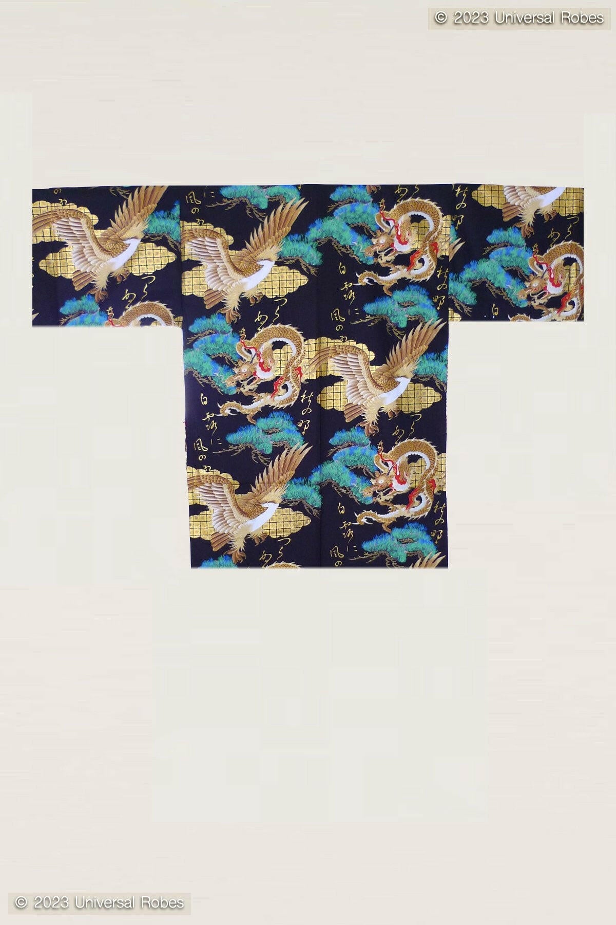 Men Dragon & Eagle Cotton Sateen Very Short Kimono Color Black Product Whole View