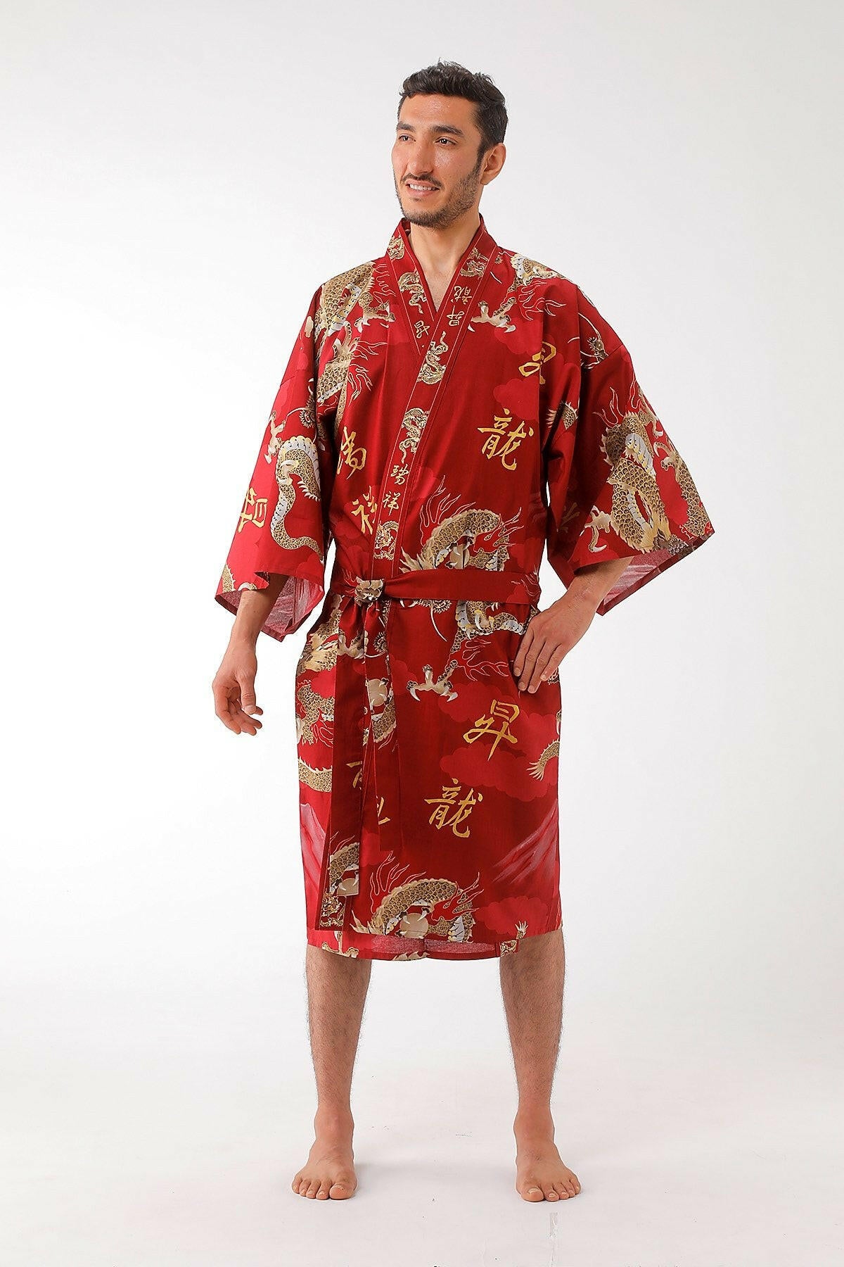 Men Dragon & Mt. Fuji Cotton Short Yukata Kimono Color Red Model Front View