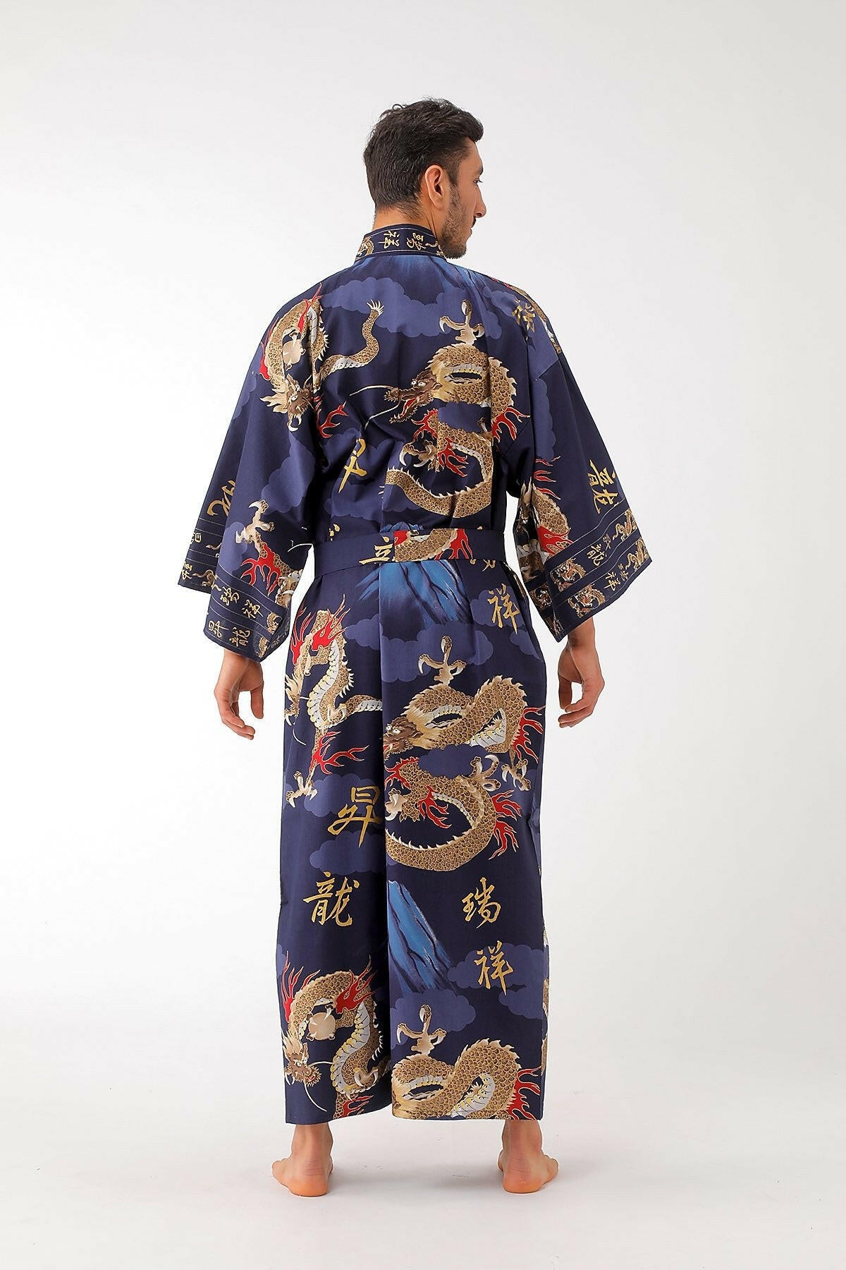 Men Dragon & Mt. Fuji Cotton Yukata Kimono Color Navy Model Rear View