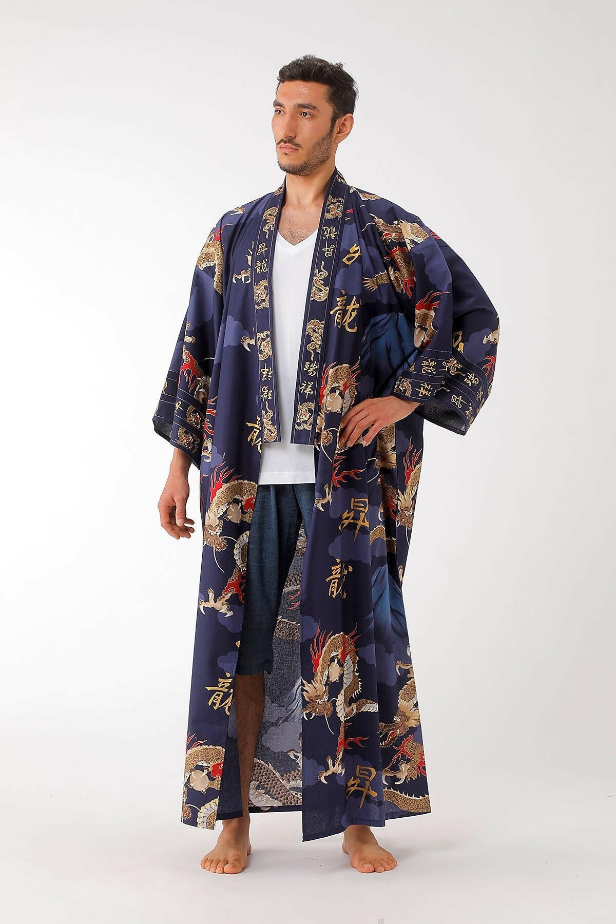 Men Dragon & Mt. Fuji Cotton Yukata Kimono Color Navy Model Front No Belt View
