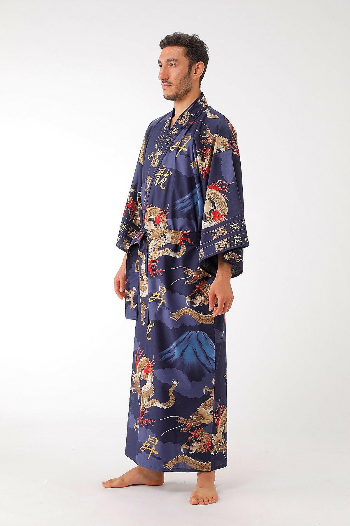 Men Dragon & Mt. Fuji Cotton Yukata Kimono Color Navy Model Side View