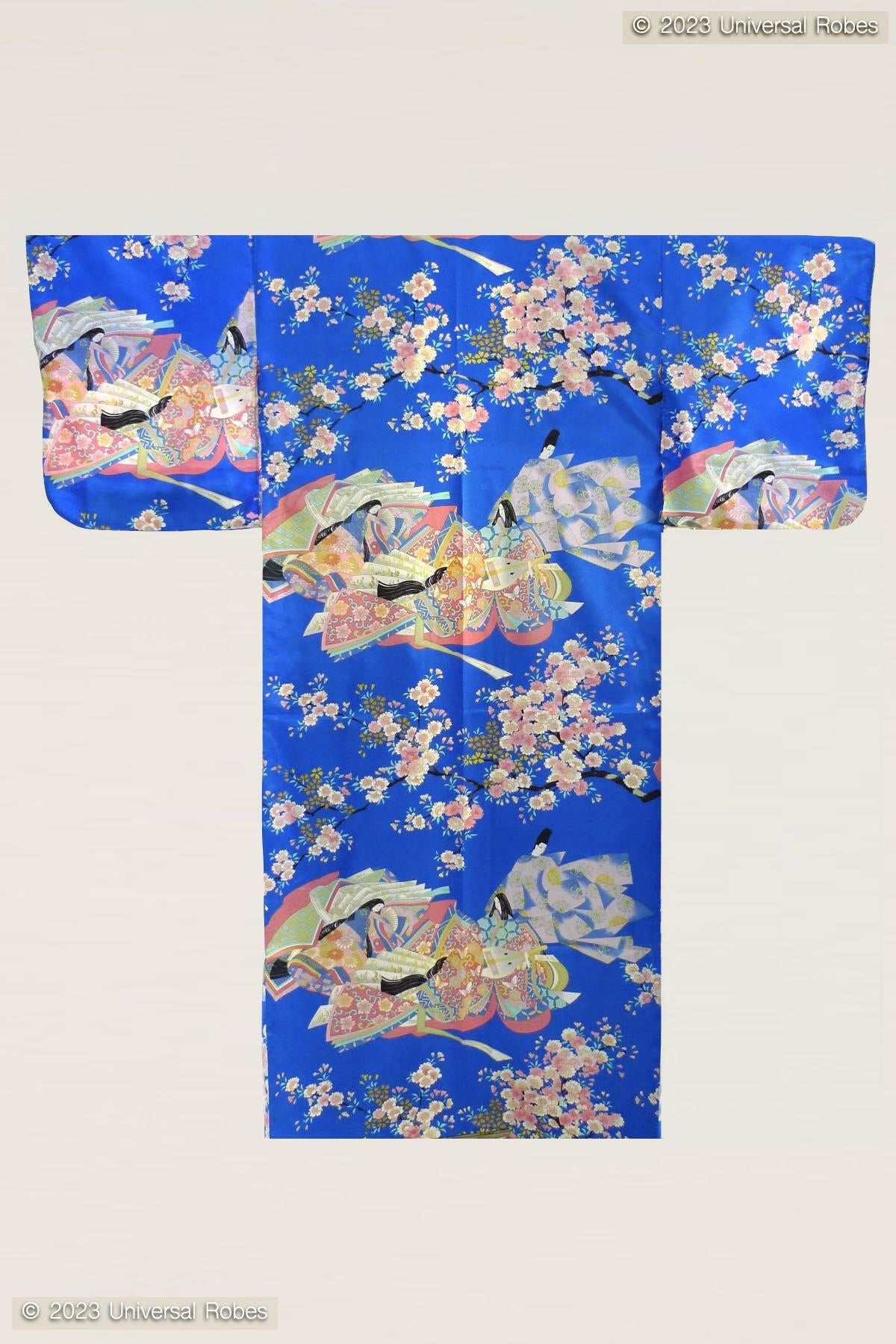 Women Dynasty in Cherry Blossoms Polyester Kimono Color Blue Product Whole View