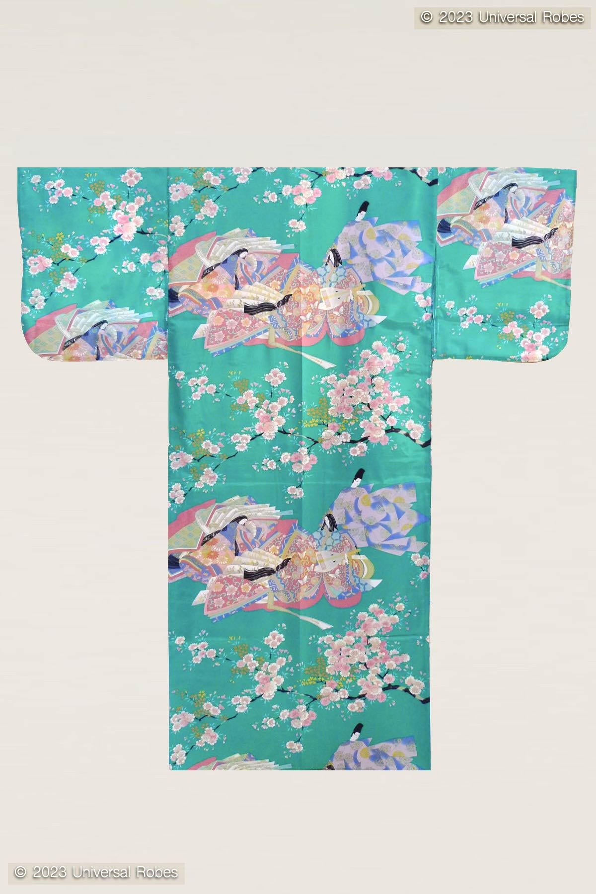 Women Dynasty in Cherry Blossoms Polyester Kimono Color Turquoise Product Whole View