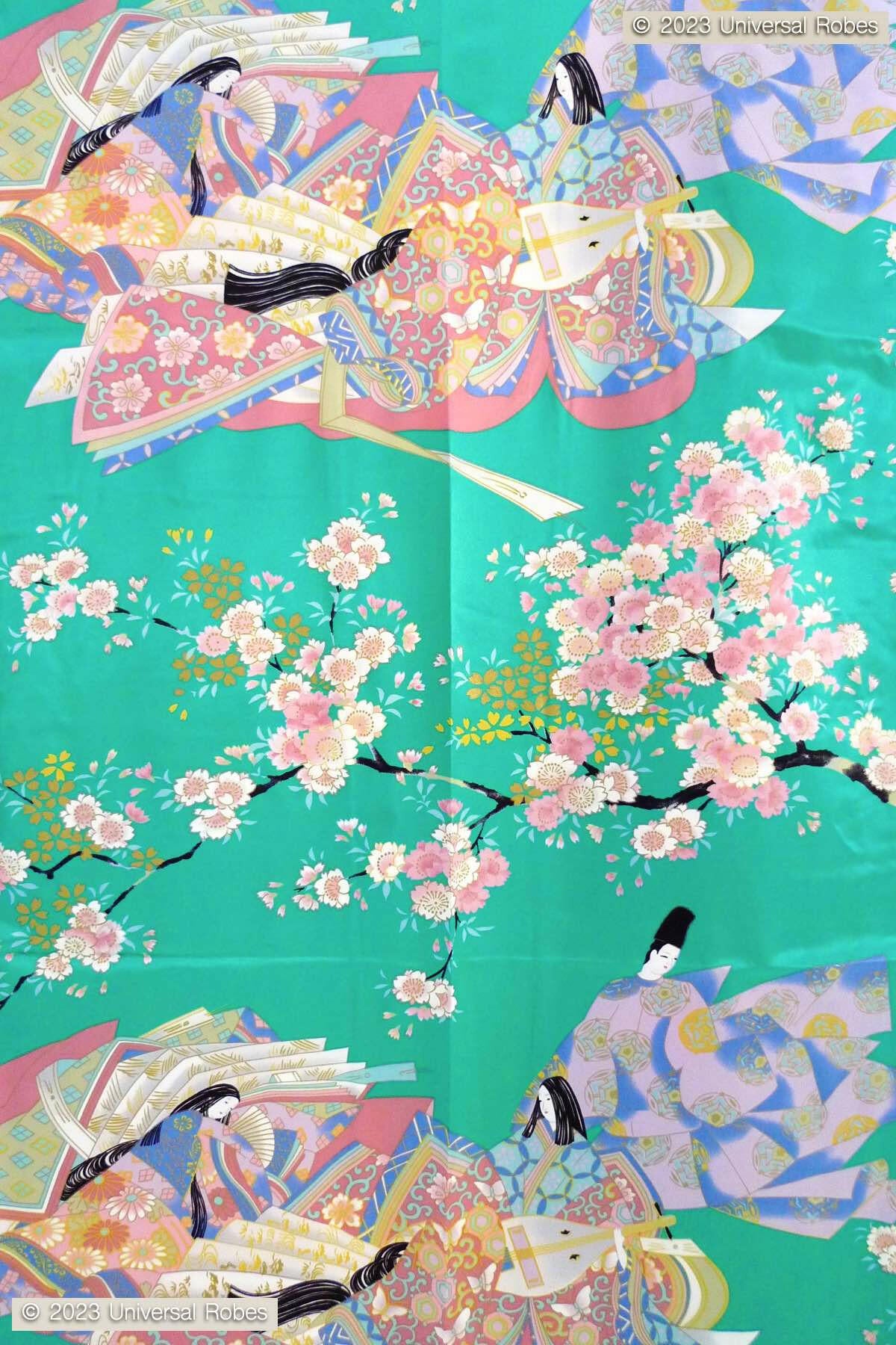 Women Dynasty in Cherry Blossoms Polyester Very Short Kimono Color Turquoise Product Zoom View