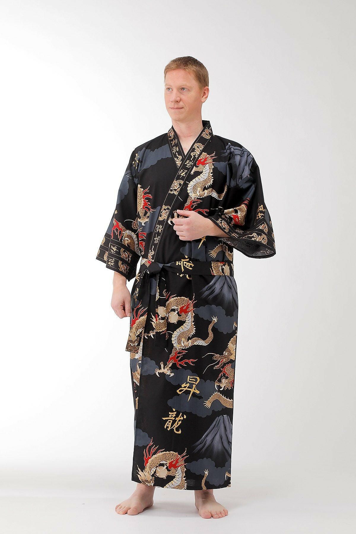 Men Dragon & Mt. Fuji Cotton Yukata Kimono Color Black Model Front View