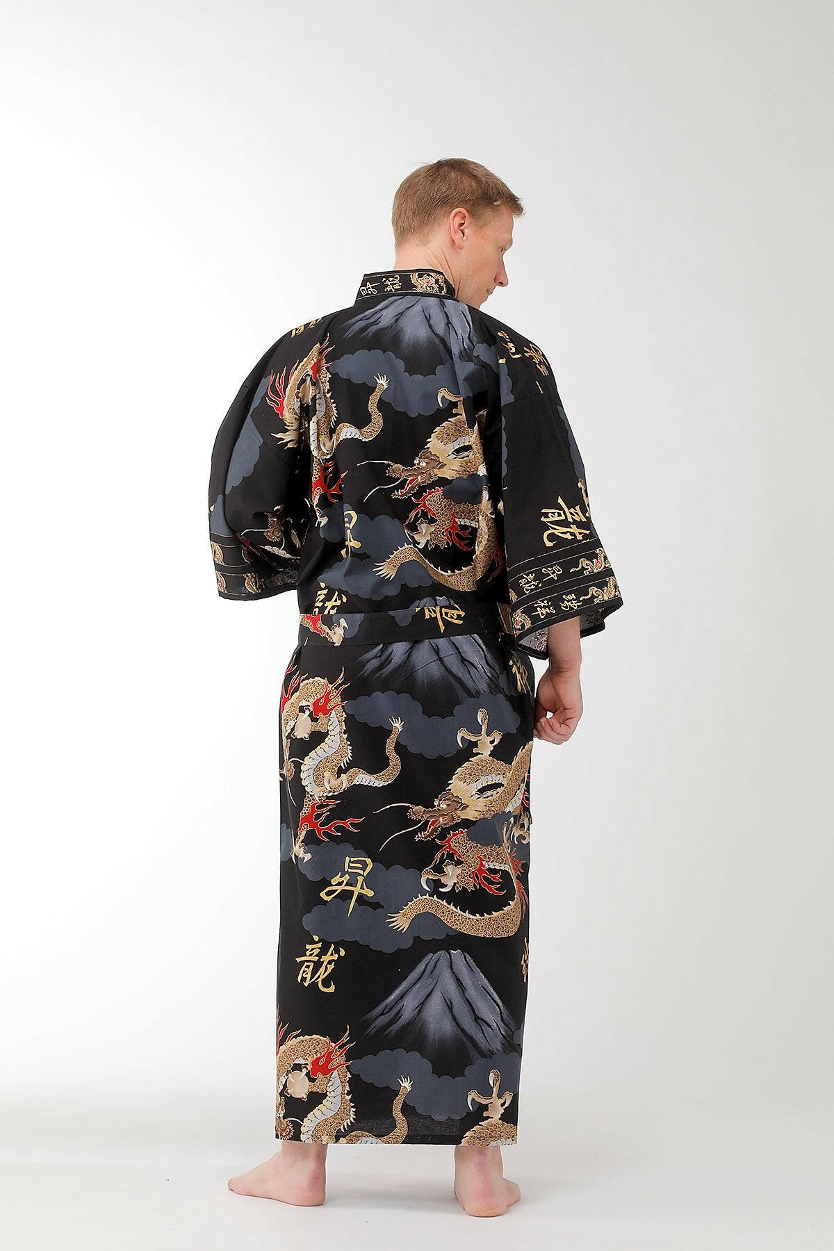 Men Dragon & Mt. Fuji Cotton Yukata Kimono Color Black Model Rear View